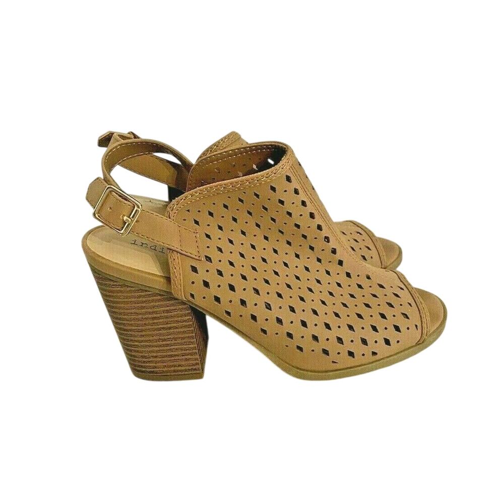 Indigo Road tan high demi-wedge heel open toe sling backs casual shoes US 6.5M
